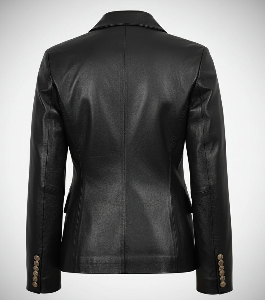 Kim Women's Double Breasted Black Leather Blazer - The Jacket Mastery