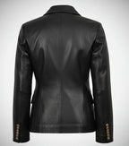 Kim Women's Double Breasted Black Leather Blazer - The Jacket Mastery