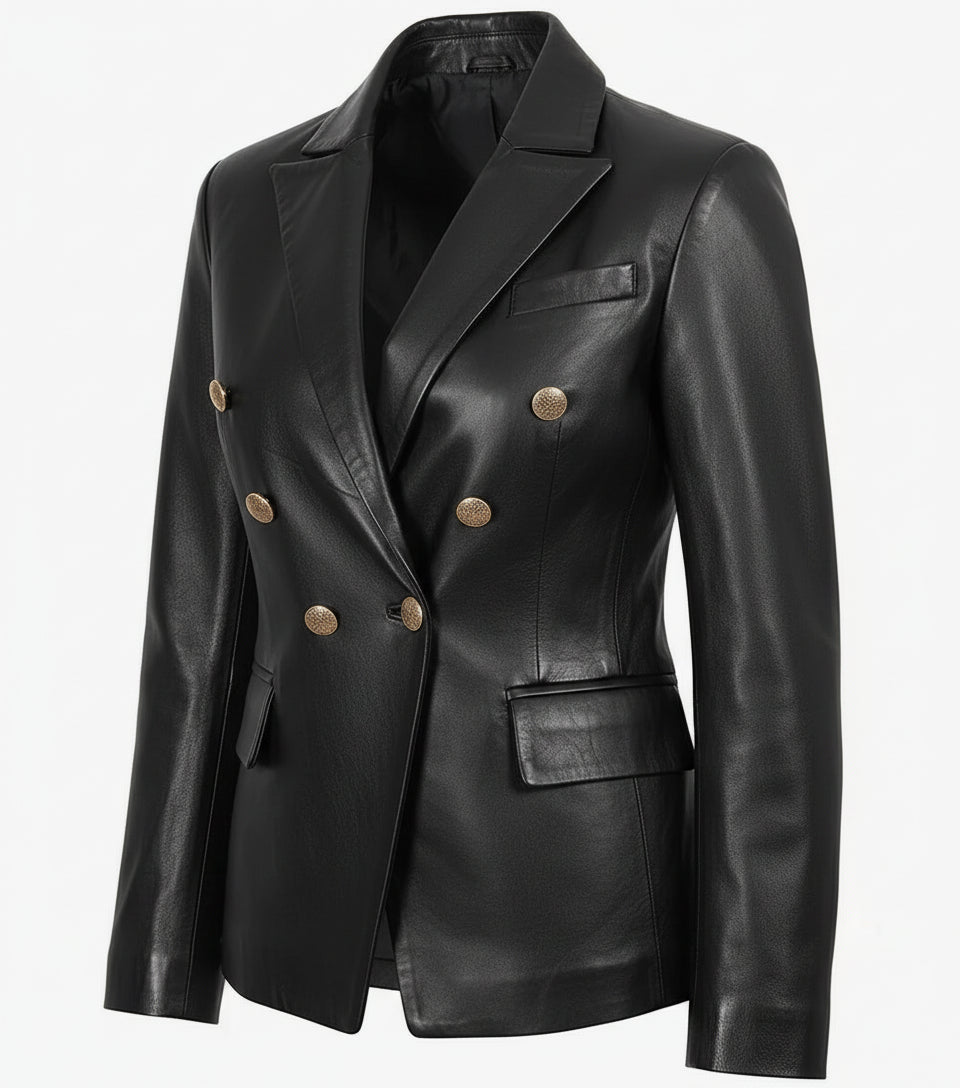 Kim Women's Double Breasted Black Leather Blazer - The Jacket Mastery