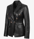 Kim Women's Double Breasted Black Leather Blazer - The Jacket Mastery