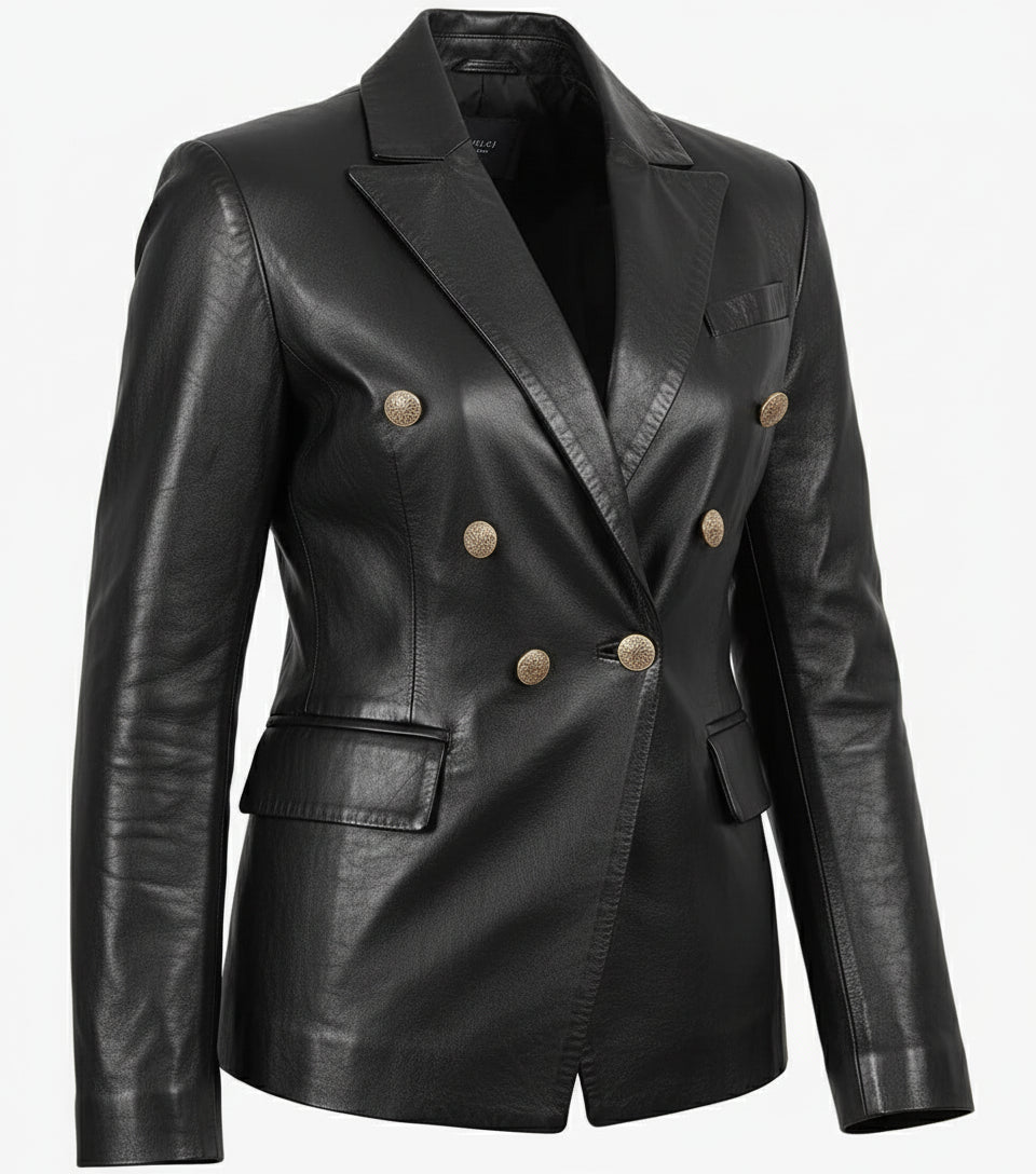 Kim Women's Double Breasted Black Leather Blazer - The Jacket Mastery