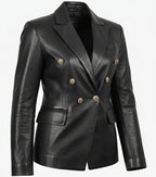 Kim Women's Double Breasted Black Leather Blazer - The Jacket Mastery