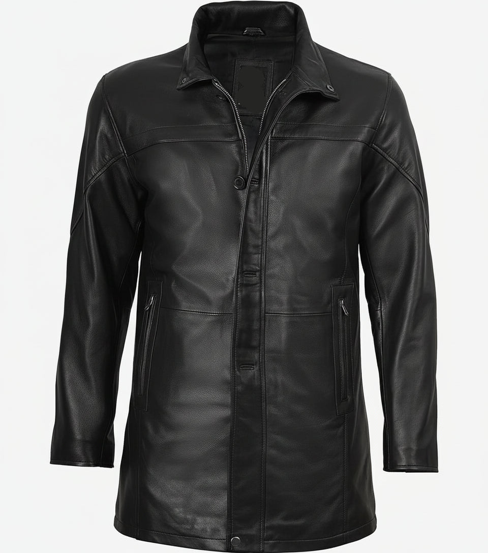 Mens Black 3 4 Length Leather Car Coat - The Jacket Mastery