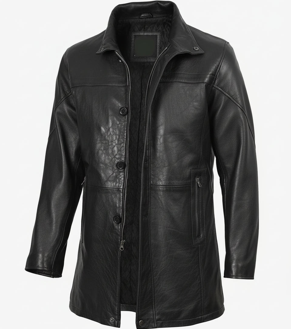 Mens Black 3 4 Length Leather Car Coat - The Jacket Mastery
