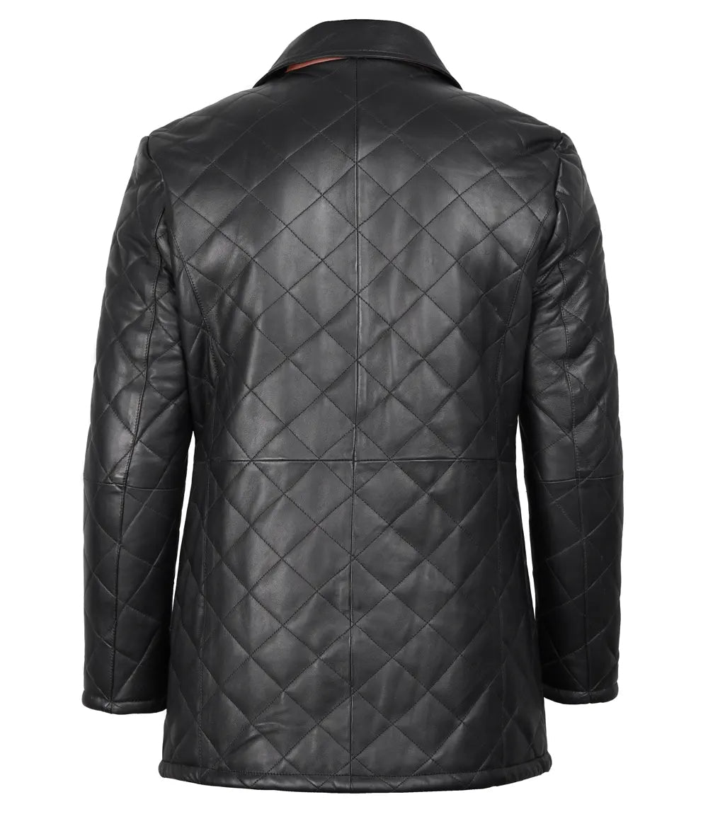 Men's Black Diamond Quilted Leather Car Coat With Brown Detailing - The Jacket Mastery