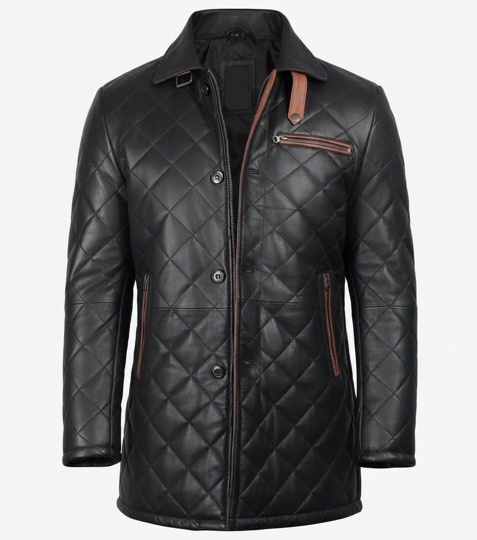 Men's Black Diamond Quilted Leather Car Coat With Brown Detailing - The Jacket Mastery