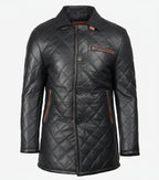 Men's Black Diamond Quilted Leather Car Coat With Brown Detailing - The Jacket Mastery