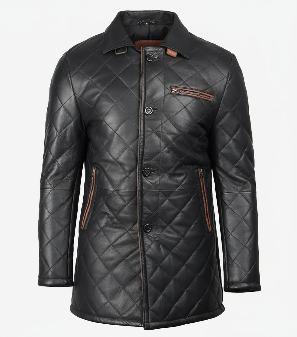 Men's Black Diamond Quilted Leather Car Coat With Brown Detailing - The Jacket Mastery
