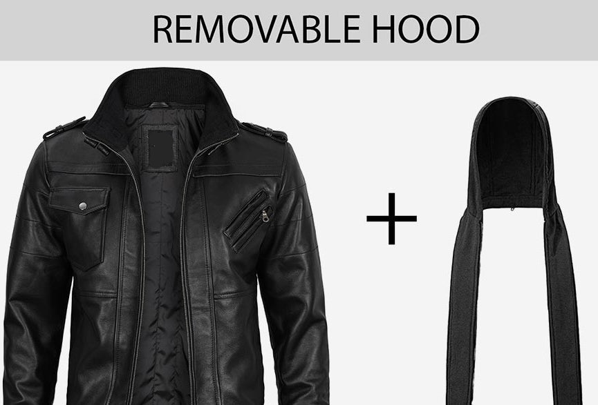 Mens Black Leather Bomber Jacket with Removable Hood - The Jacket Mastery