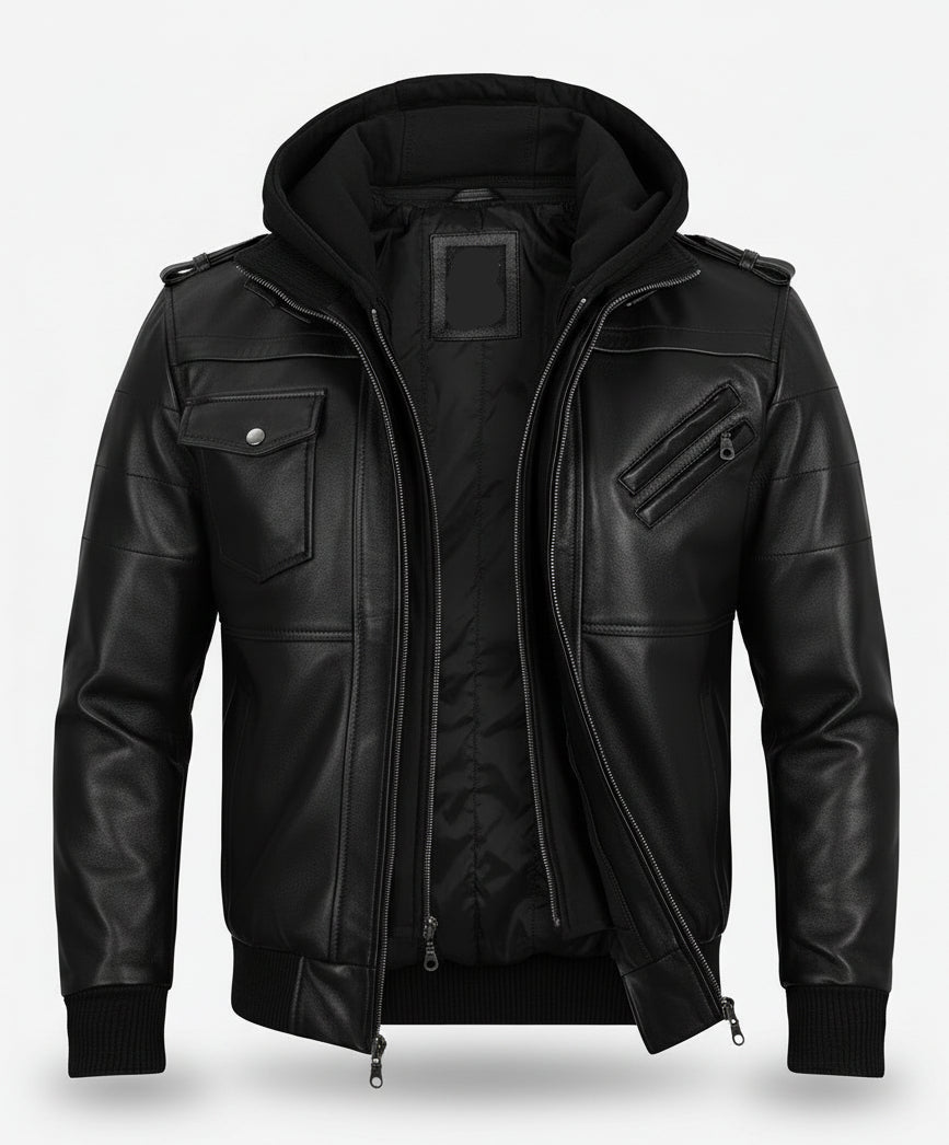 Mens Black Leather Bomber Jacket with Removable Hood - The Jacket Mastery