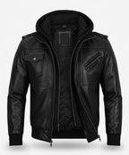 Mens Black Leather Bomber Jacket with Removable Hood - The Jacket Mastery