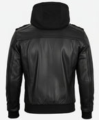 Mens Black Leather Bomber Jacket with Removable Hood - The Jacket Mastery