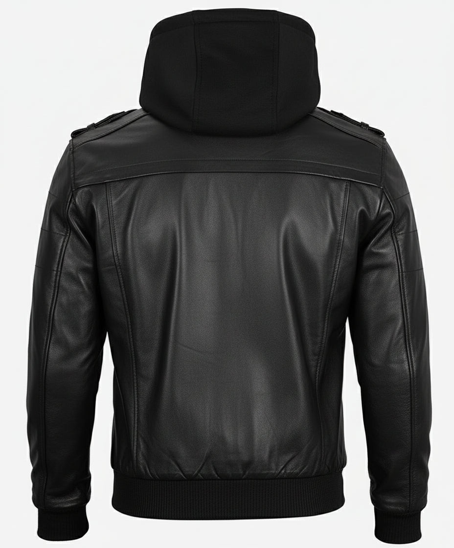Mens Black Leather Bomber Jacket with Removable Hood - The Jacket Mastery