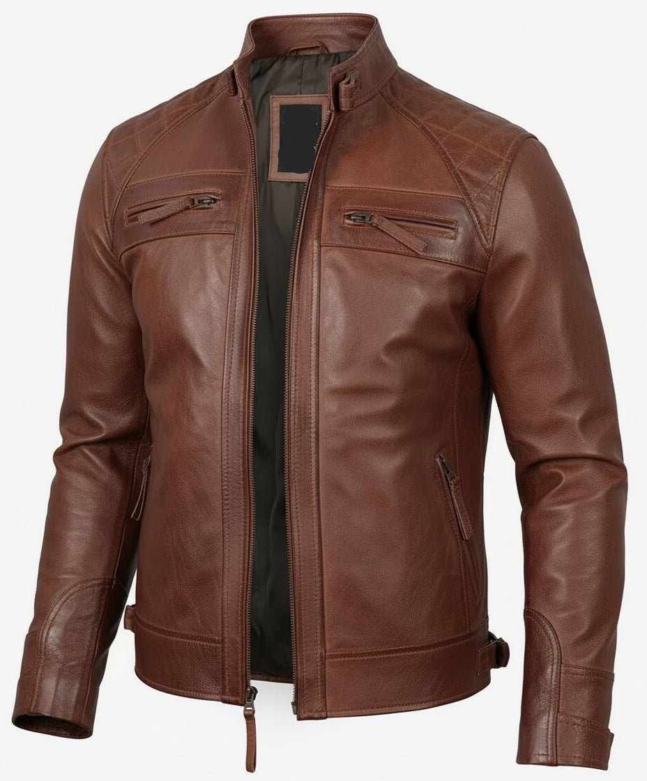 Men's Cognac Brown Quilted Biker Style Leather Jacket - The Jacket Mastery
