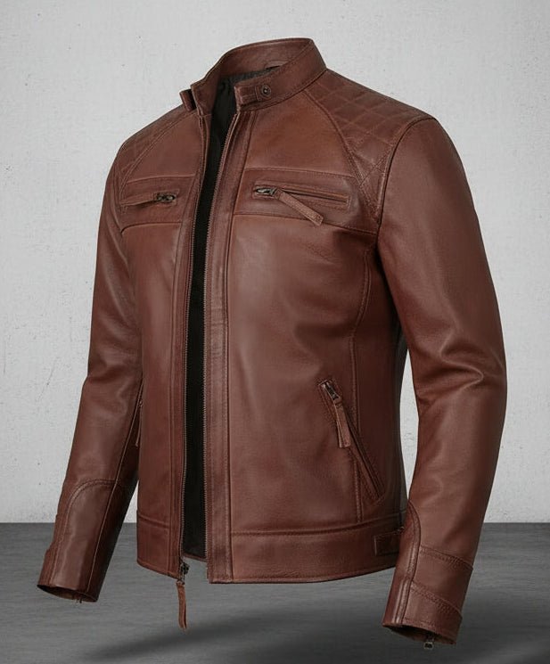 Men's Cognac Brown Quilted Biker Style Leather Jacket - The Jacket Mastery