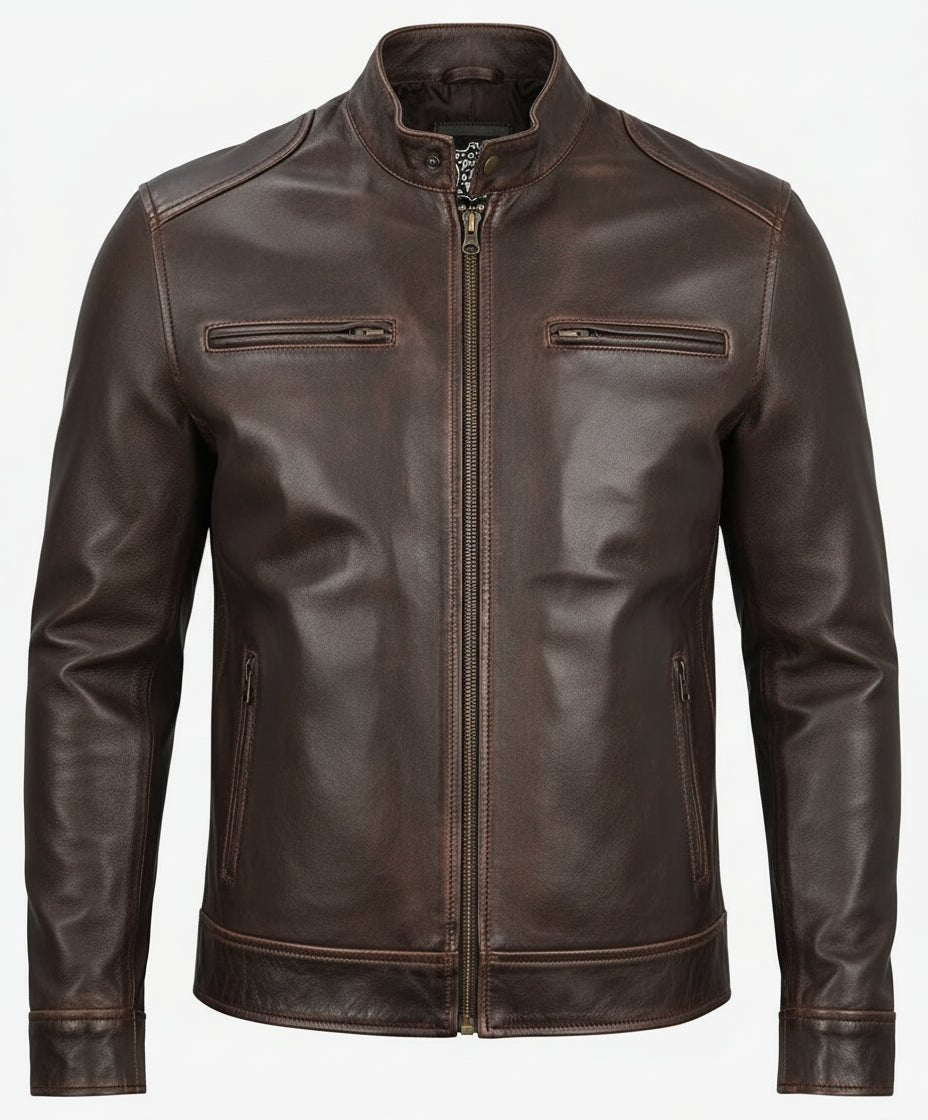 Men's Distressed Brown Biker Style Leather Jacket - The Jacket Mastery
