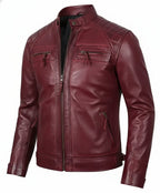 Mens Real Leather Maroon Biker Jacket - Quilted Shoulder - The Jacket Mastery
