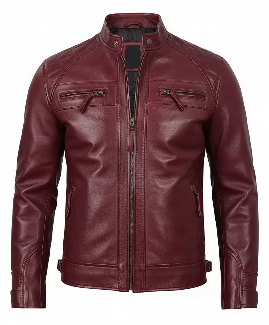 Mens Real Leather Maroon Biker Jacket - Quilted Shoulder - The Jacket Mastery