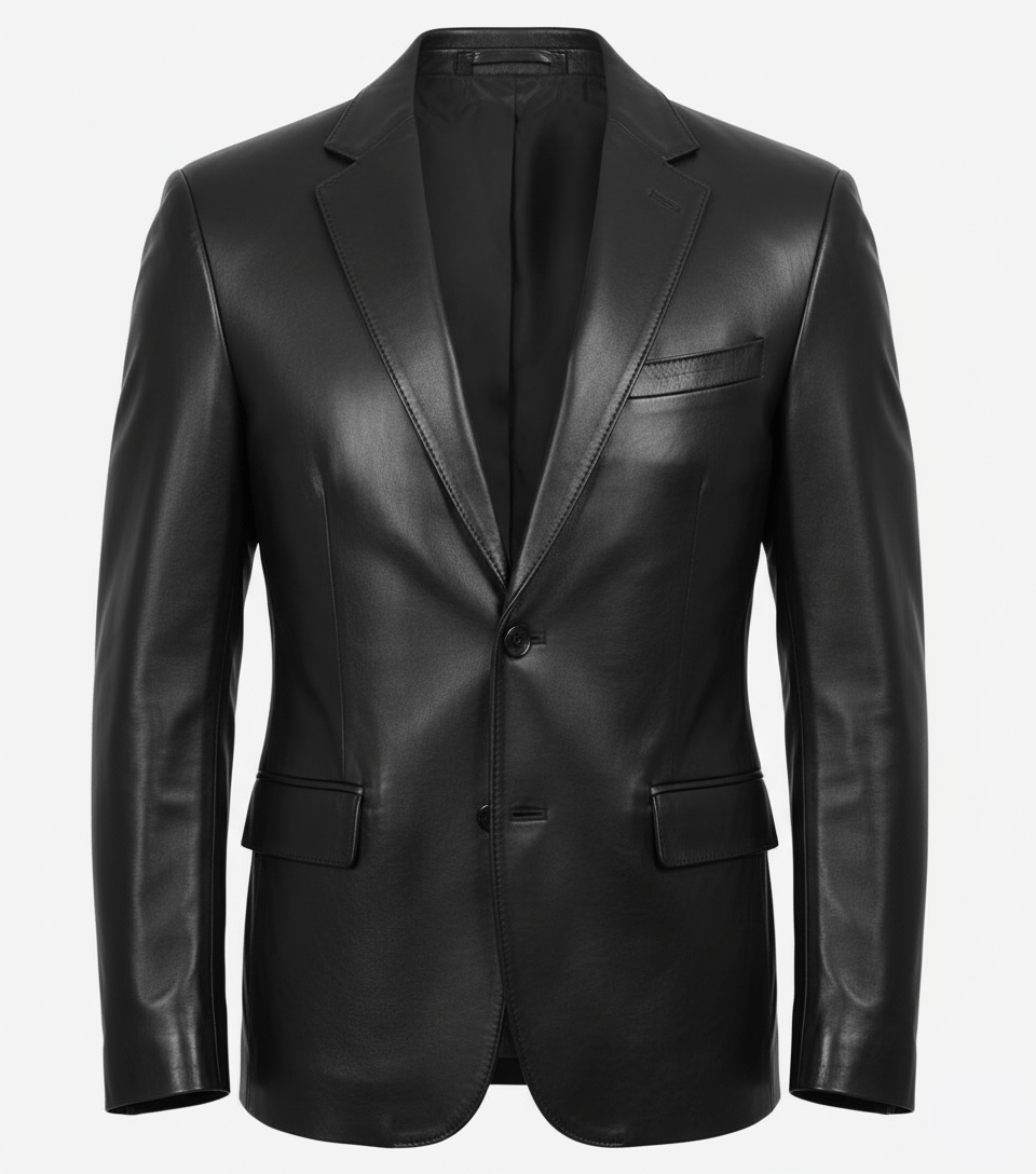 Mens Two Button Black Leather Blazer - The Jacket Mastery