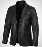 Mens Two Button Black Leather Blazer - The Jacket Mastery