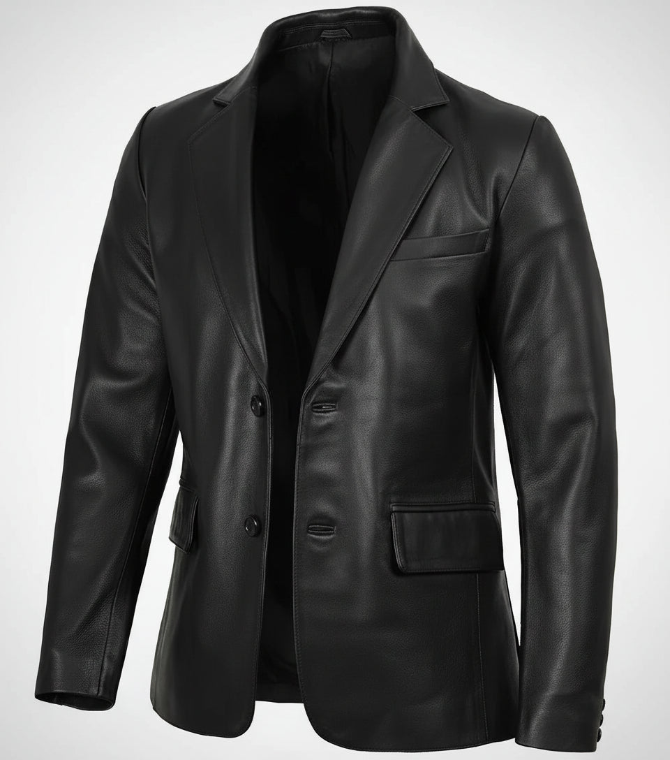 Mens Two Button Black Leather Blazer - The Jacket Mastery