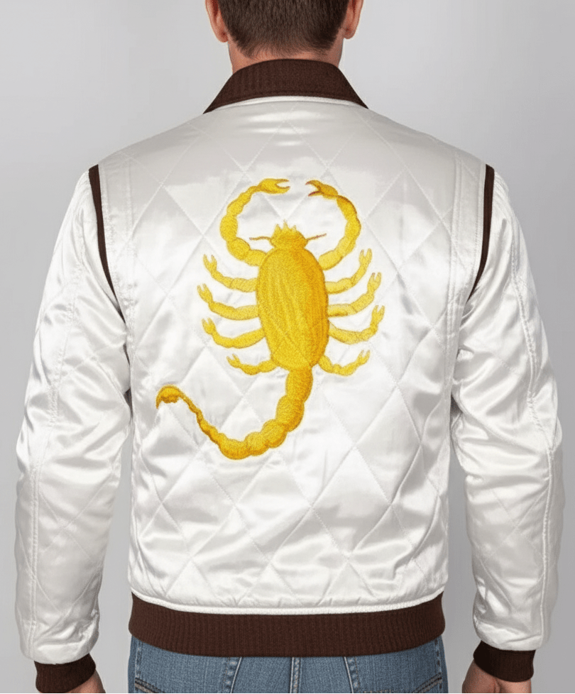 Men's White Quilted Bomber Jacket with Scorpion Logo - The Jacket Mastery
