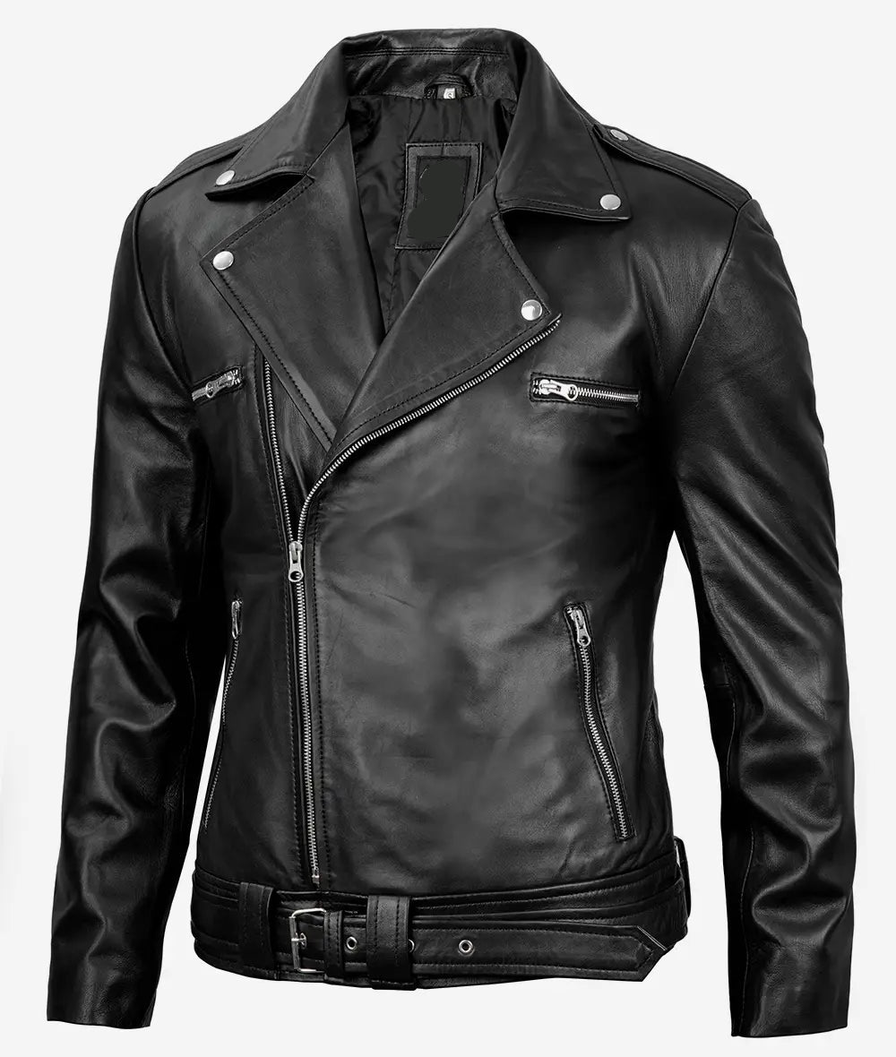 Negan Men's Black Asymmetrical Belted Leather Jacket - The Jacket Mastery