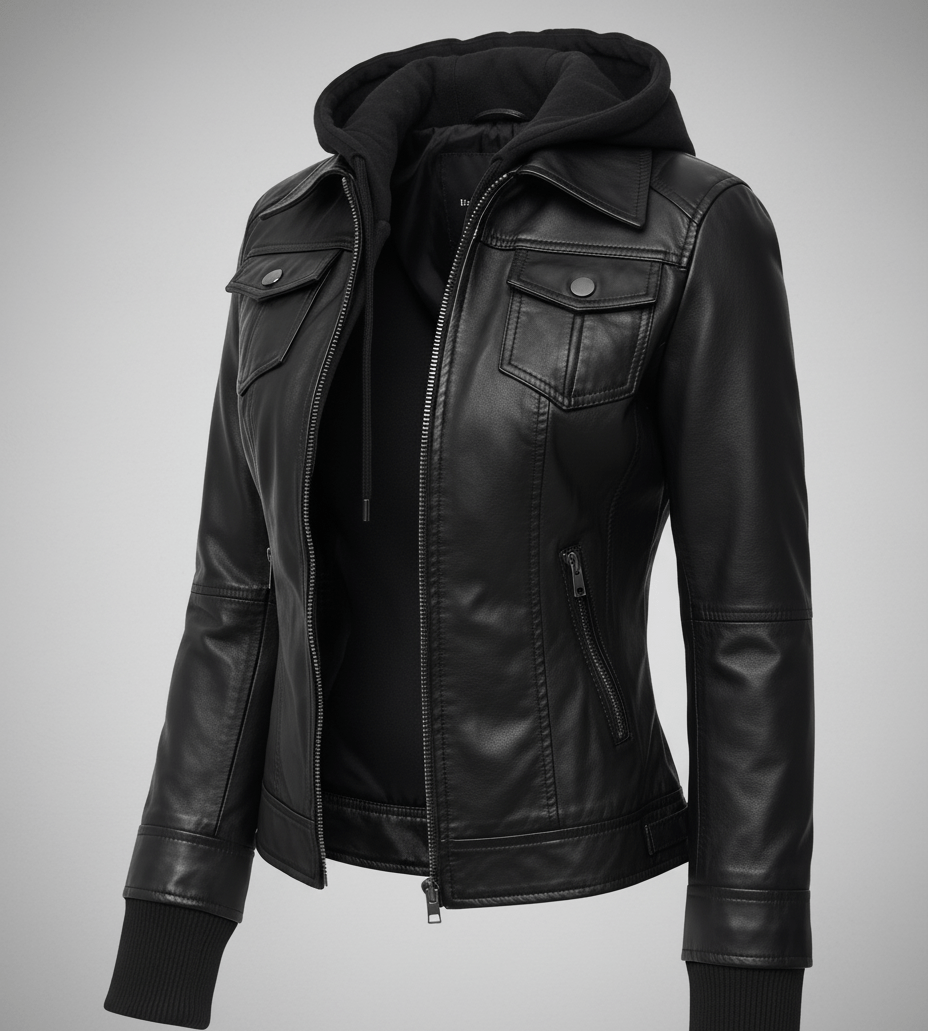 Womens Black Bomber Leather Jacket with Removable Hood - The Jacket Mastery