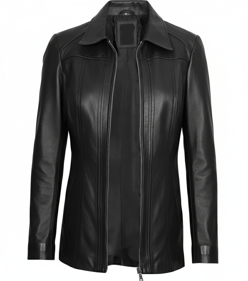 Womens Shirt Collar 3/4 Length Black Leather Coat - The Jacket Mastery