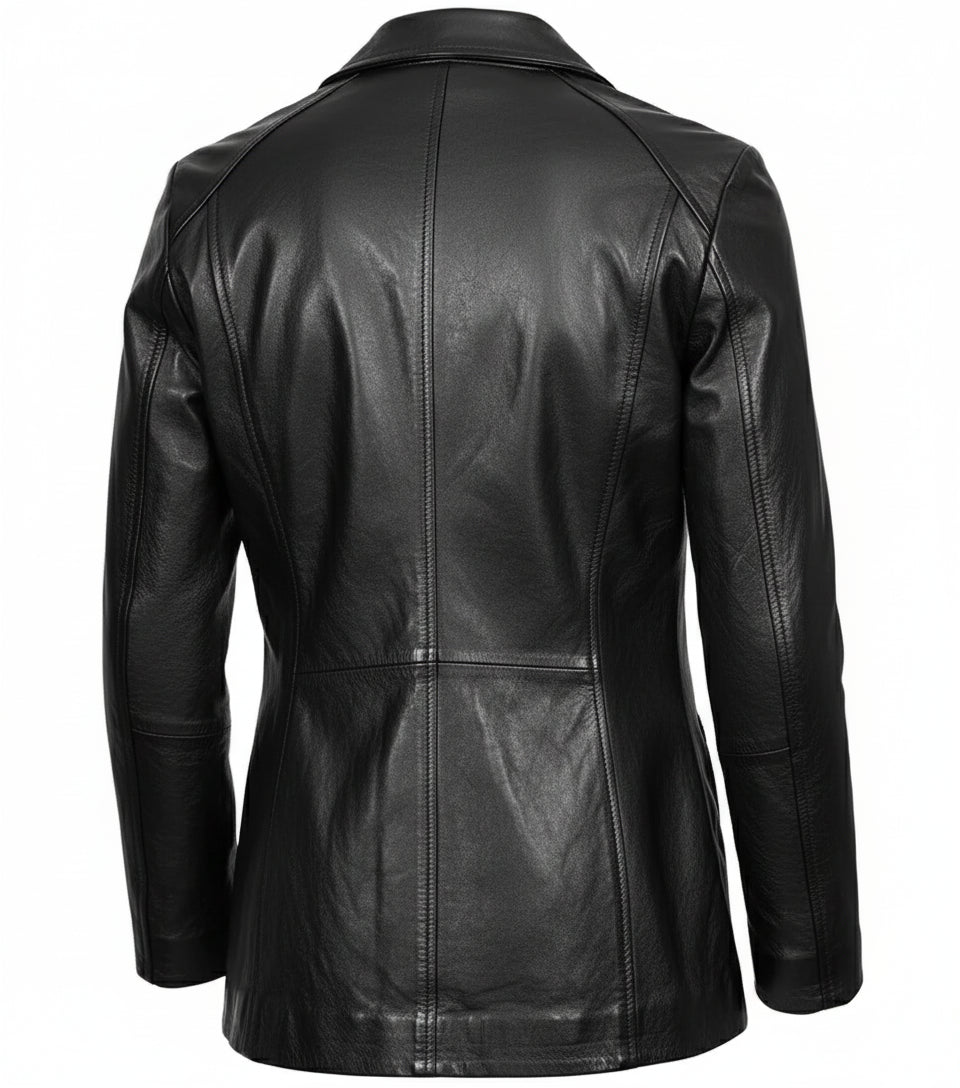 Womens Shirt Collar 3/4 Length Black Leather Coat - The Jacket Mastery