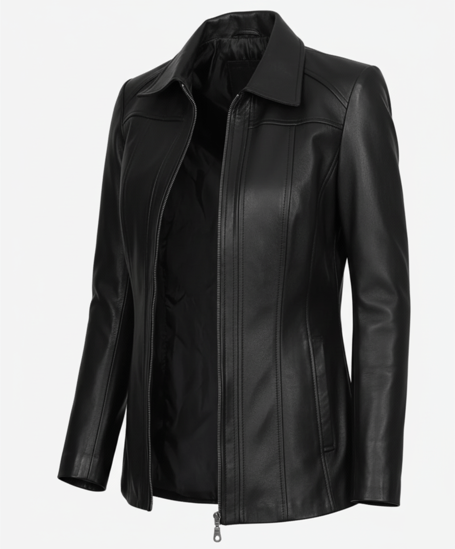 Womens Shirt Collar 3/4 Length Black Leather Coat - The Jacket Mastery